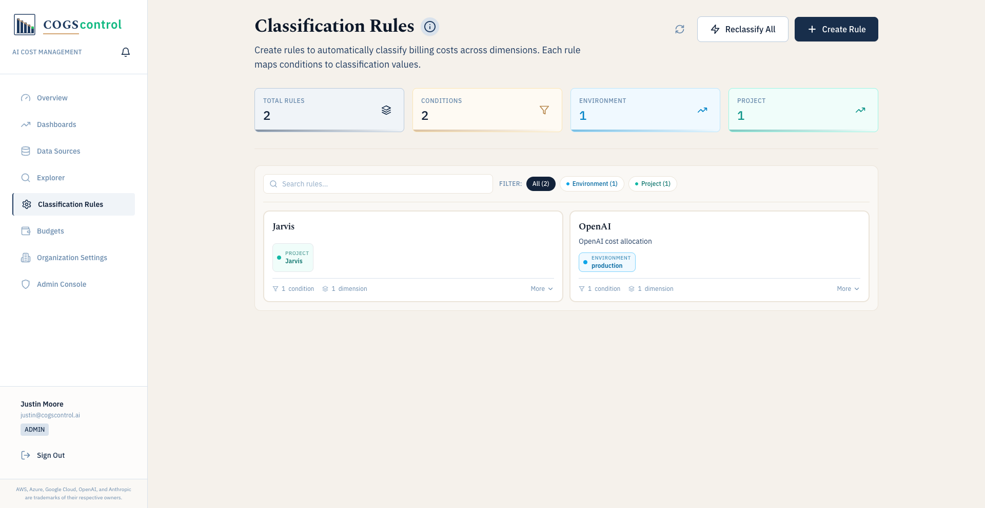 COGScontrol Classification Rules for automatic cost categorization